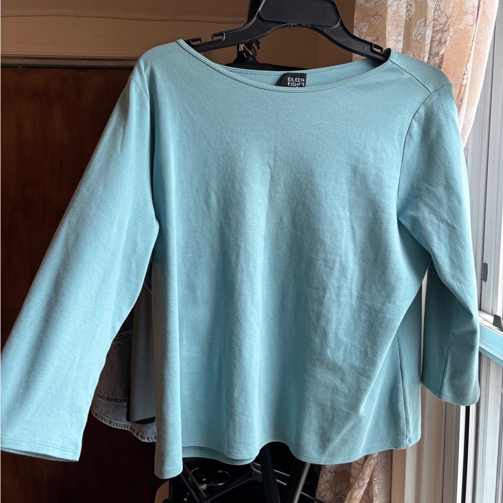 Eileen Fisher Round Neck 3/4 Sleeve 100% Cotton Ocean Blue Tee Shirt, Women’s XL